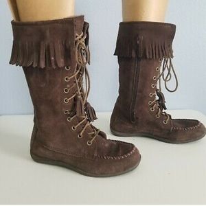 LL Bean Womens size 11  Tall Moccasin Boots Suede Fringe Lace Zip Mocs